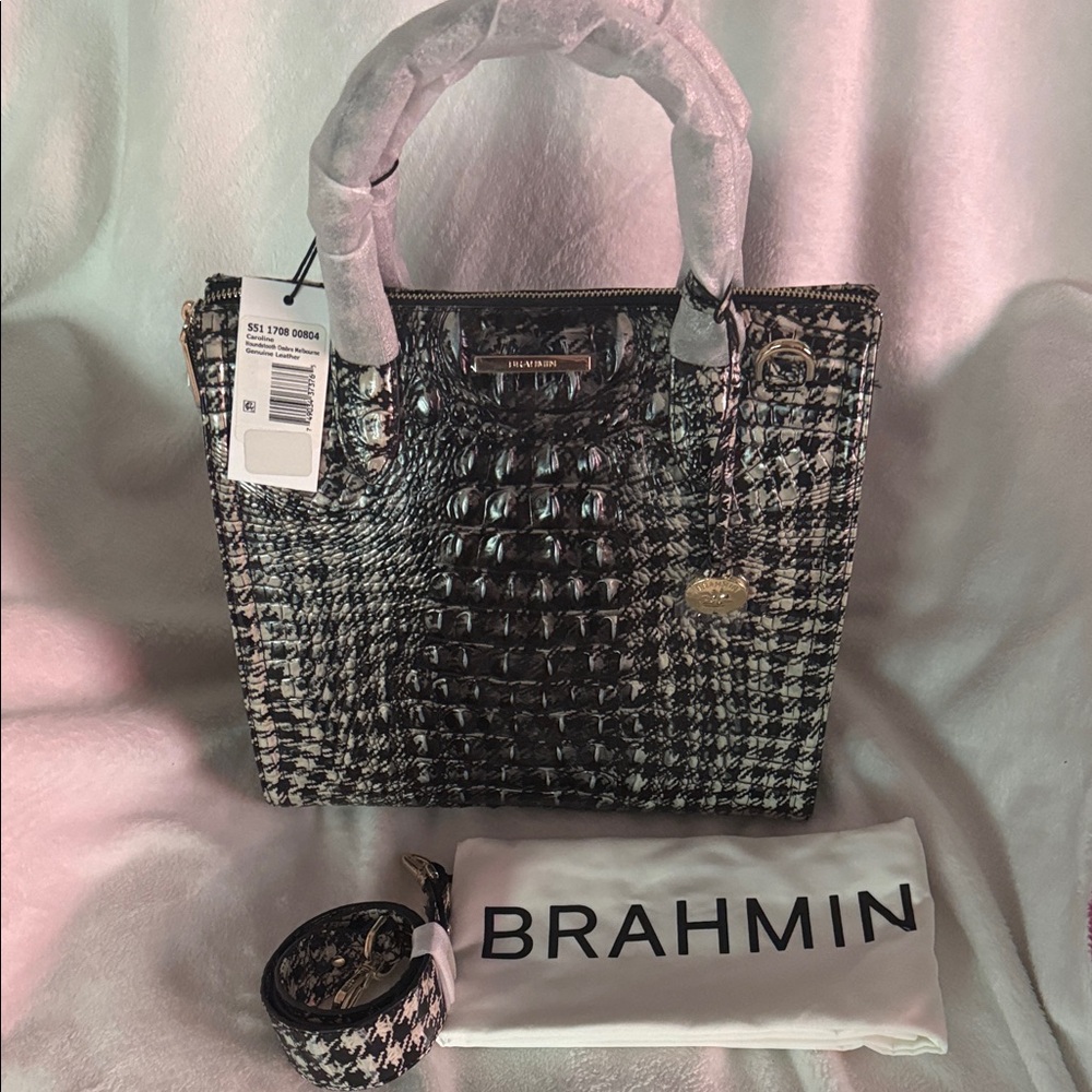 Brahmin Black & White Houndstooth Embossed Satchel